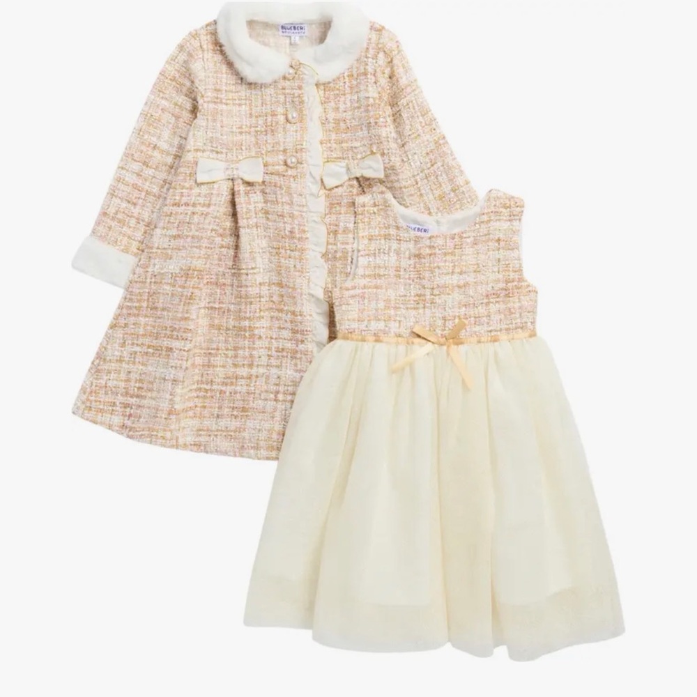 Elegant Tweed Coat and Dress Set Kid’s Party Dress and Bulce coat